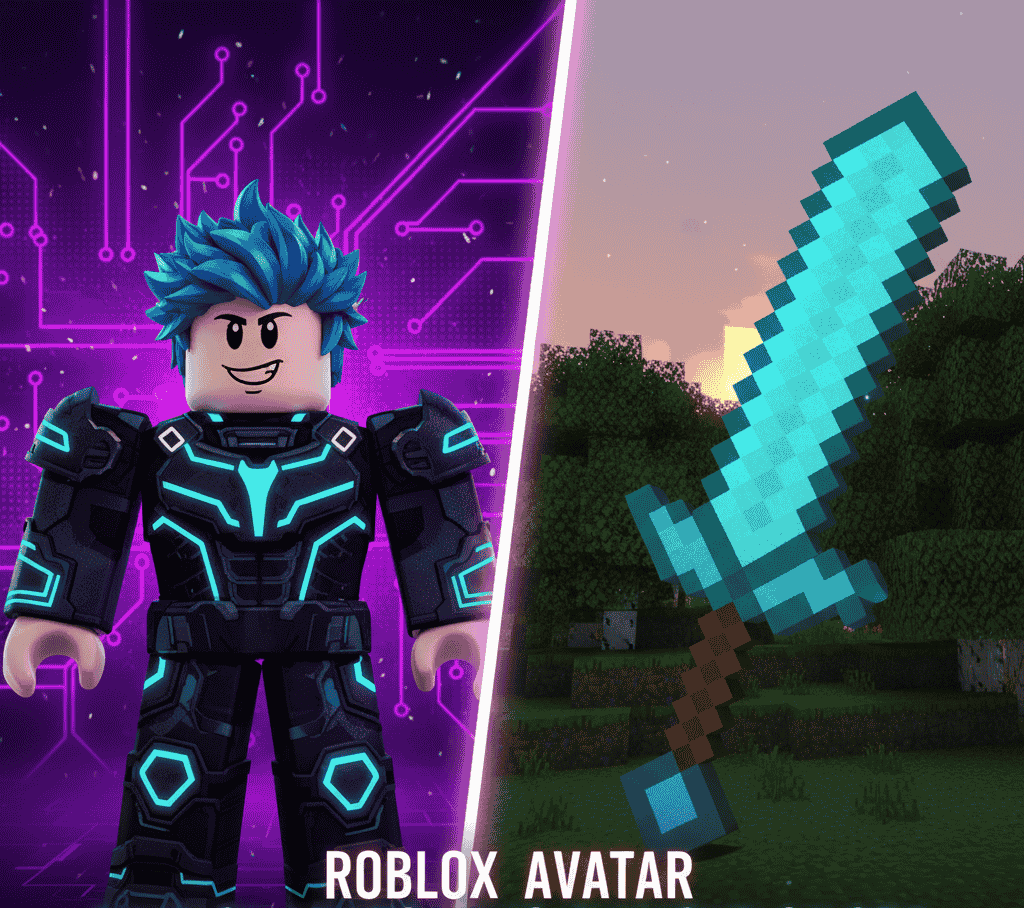 ROBLOX MOD APK 46 Roblox vs Minecraft: A customized Roblox avatar with a unique face standing beside a classic Minecraft diamond sword.