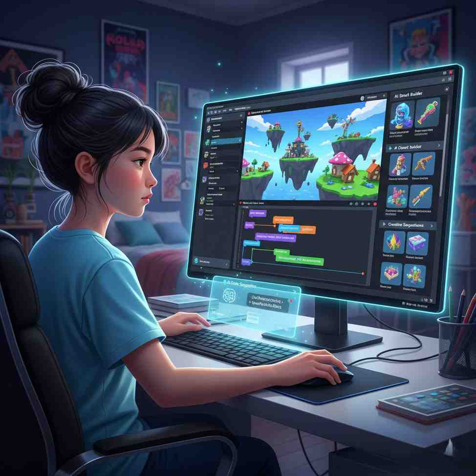 Roblox AI 5 Illustrate a young game developer using Roblox Studio with AI game-making tools