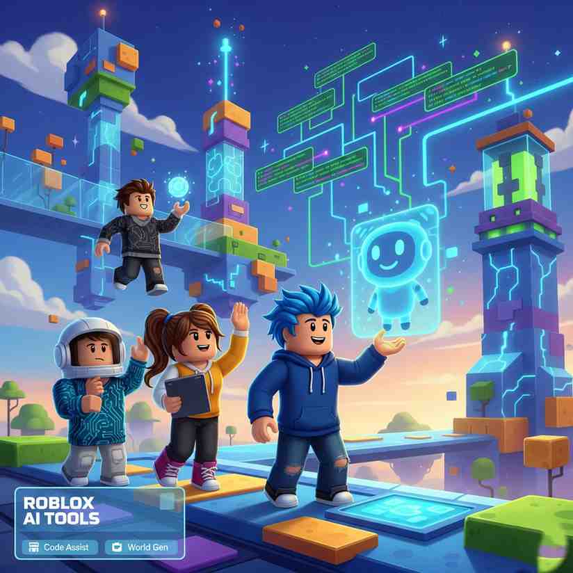Roblox AI 4 Roblox characters interacting with futuristic AI elements
