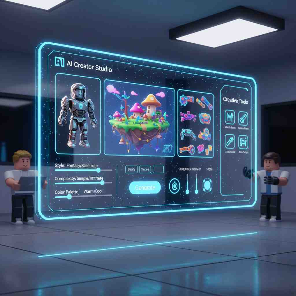 Roblox AI 6 a futuristic image showing an AI generating game assets for Roblox, such as characters, maps, and objects.