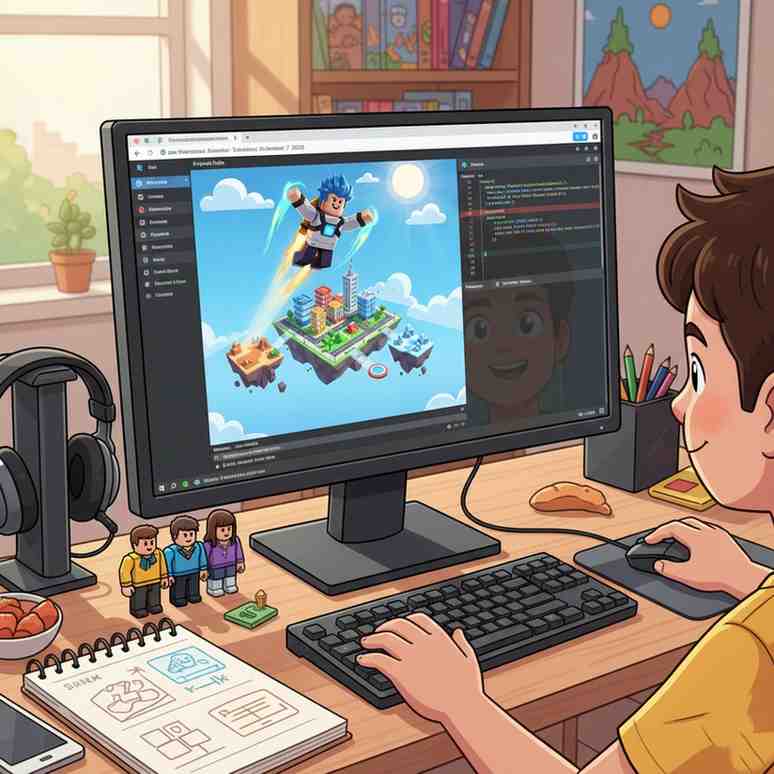 Roblox Flying Script 3 a computer screen with Roblox Studio open, a character flying inside the game world