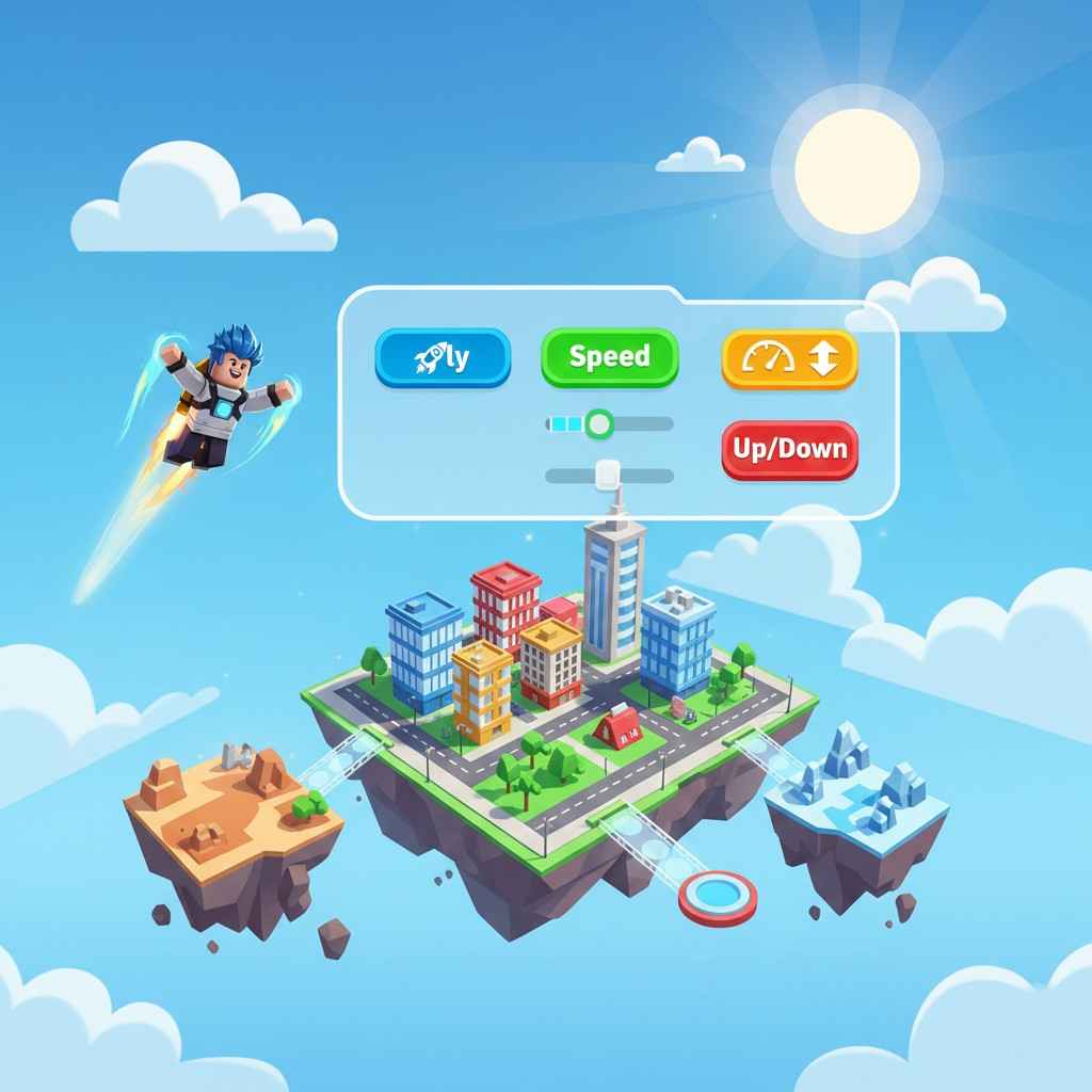 Roblox Flying Script 4 Roblox flying GUI interface. a small floating control panel with buttons like "Fly", "Speed", and "Up/Down" while a Roblox character is flying in mid-air